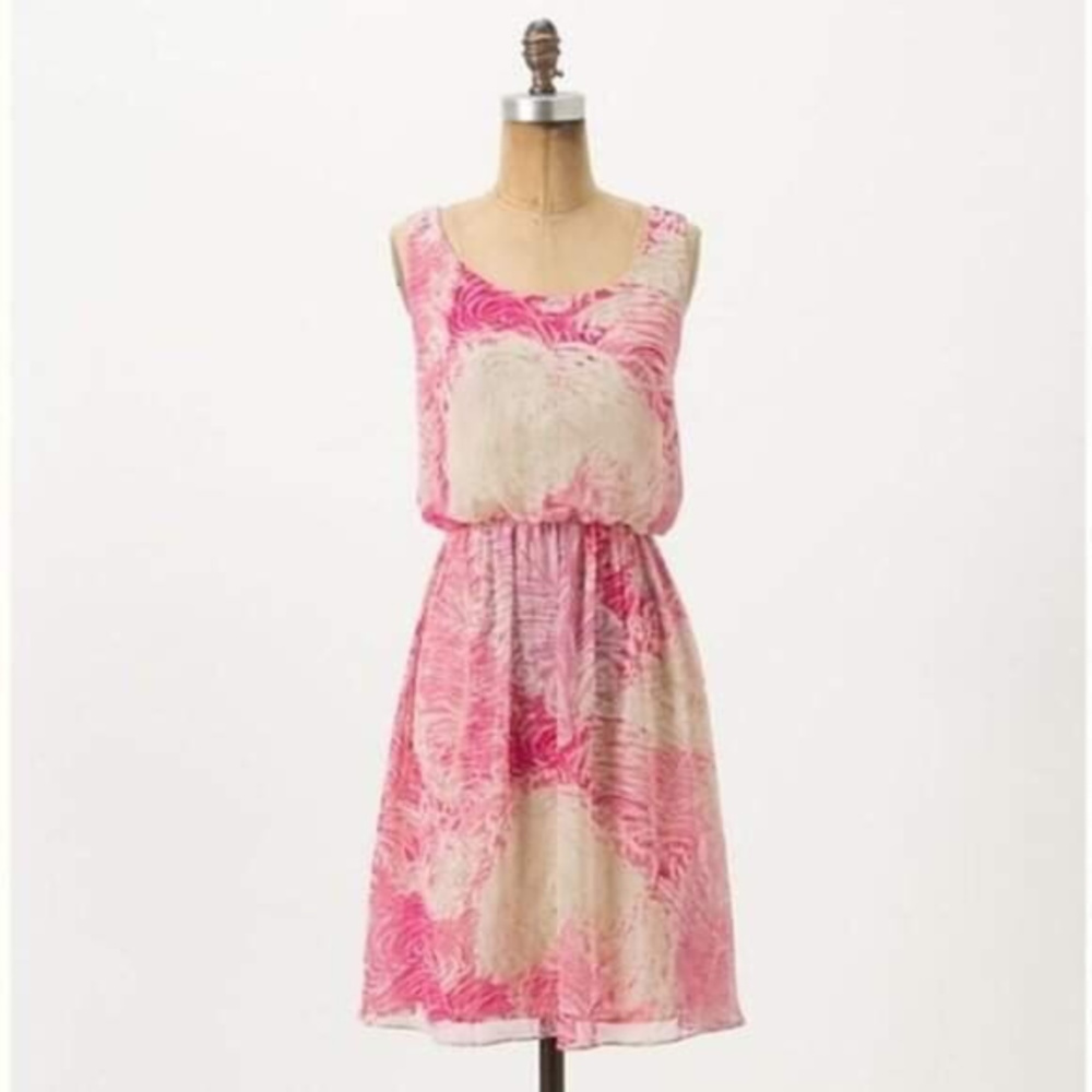 Anthropologie Silk Mini Dress Size 2 -  Postmark Floral “Rosy Plumes” EUC